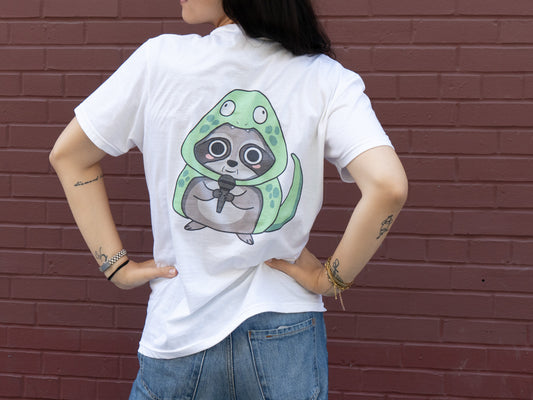 Raccoon in Dino Hoodie Funny Graphic Tee | Trash Panda Dinosaur Streetwear T-Shirt
